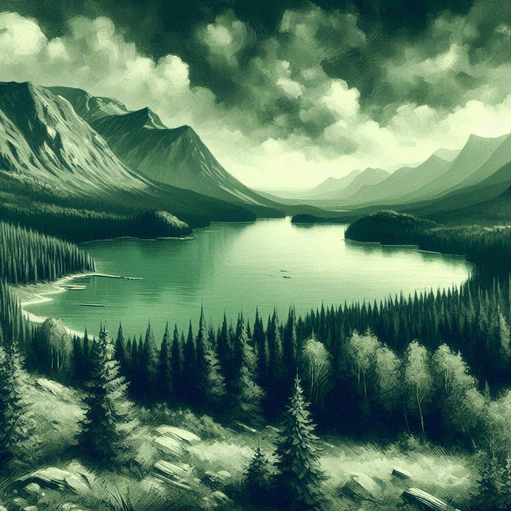 Green monochromatic mountainscape