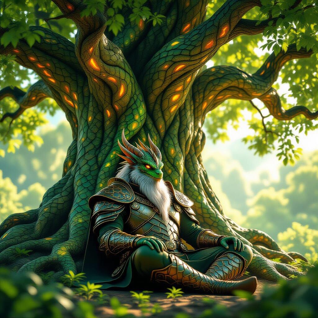 סבא דרקון ירוק שעוּן על עץ הפלאות