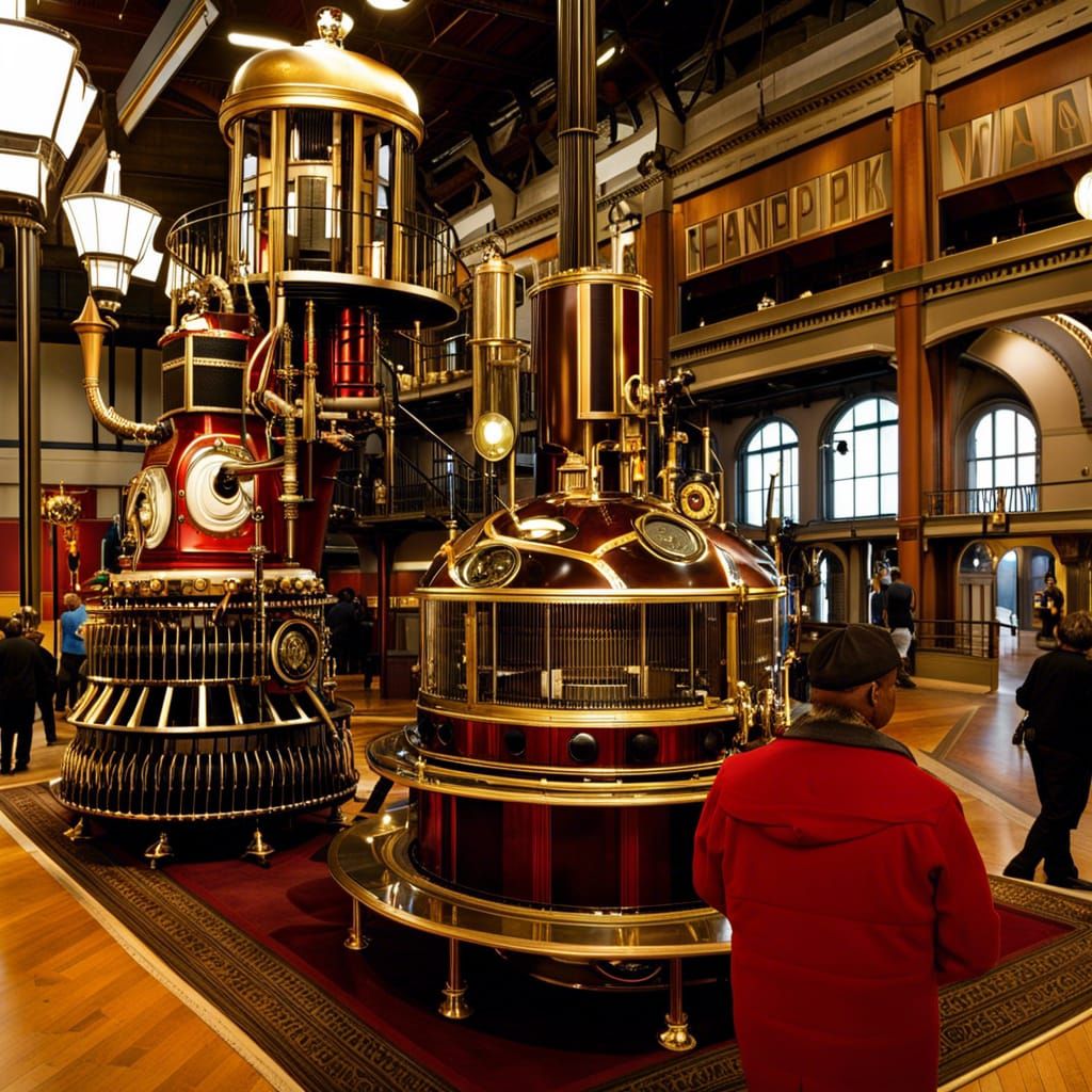 A steampunk museum with visitors from around the world, displays of