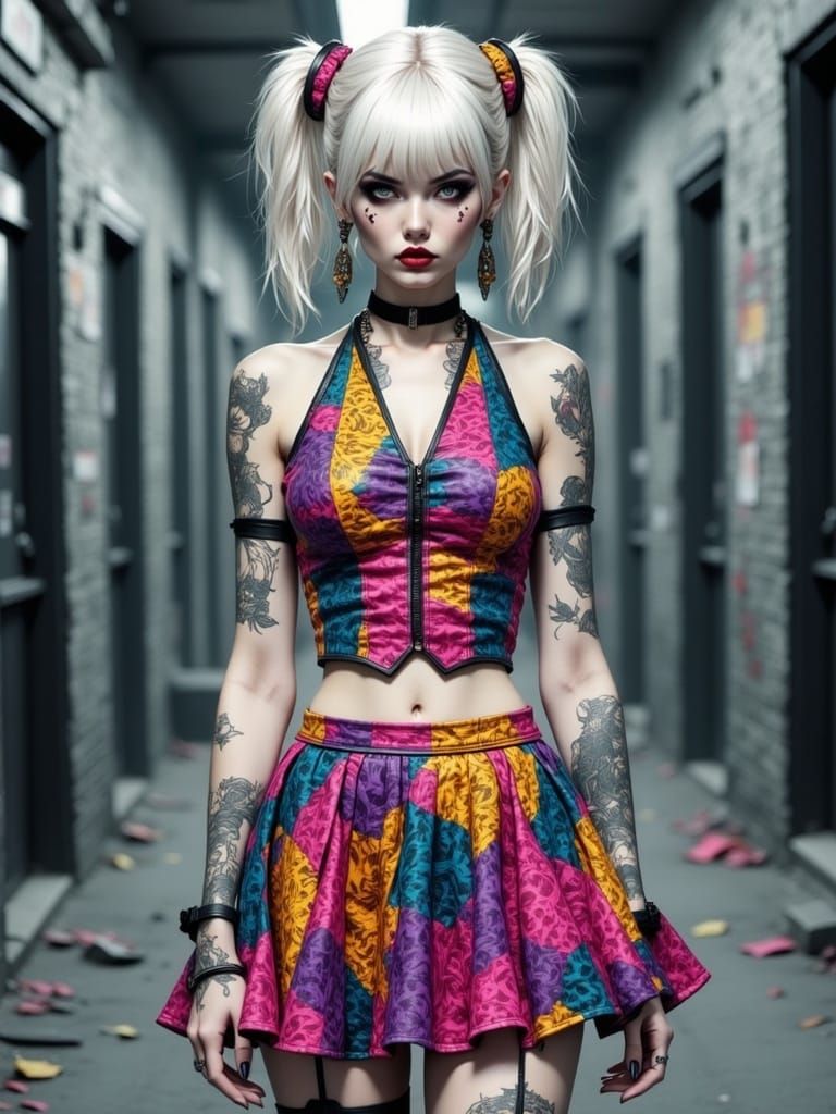 <lora:WastelandSlap:1.0> portrait of a ultra pale gothic woman with cascading fringe in a vibrant form fitting halterneck crop top and pleat...