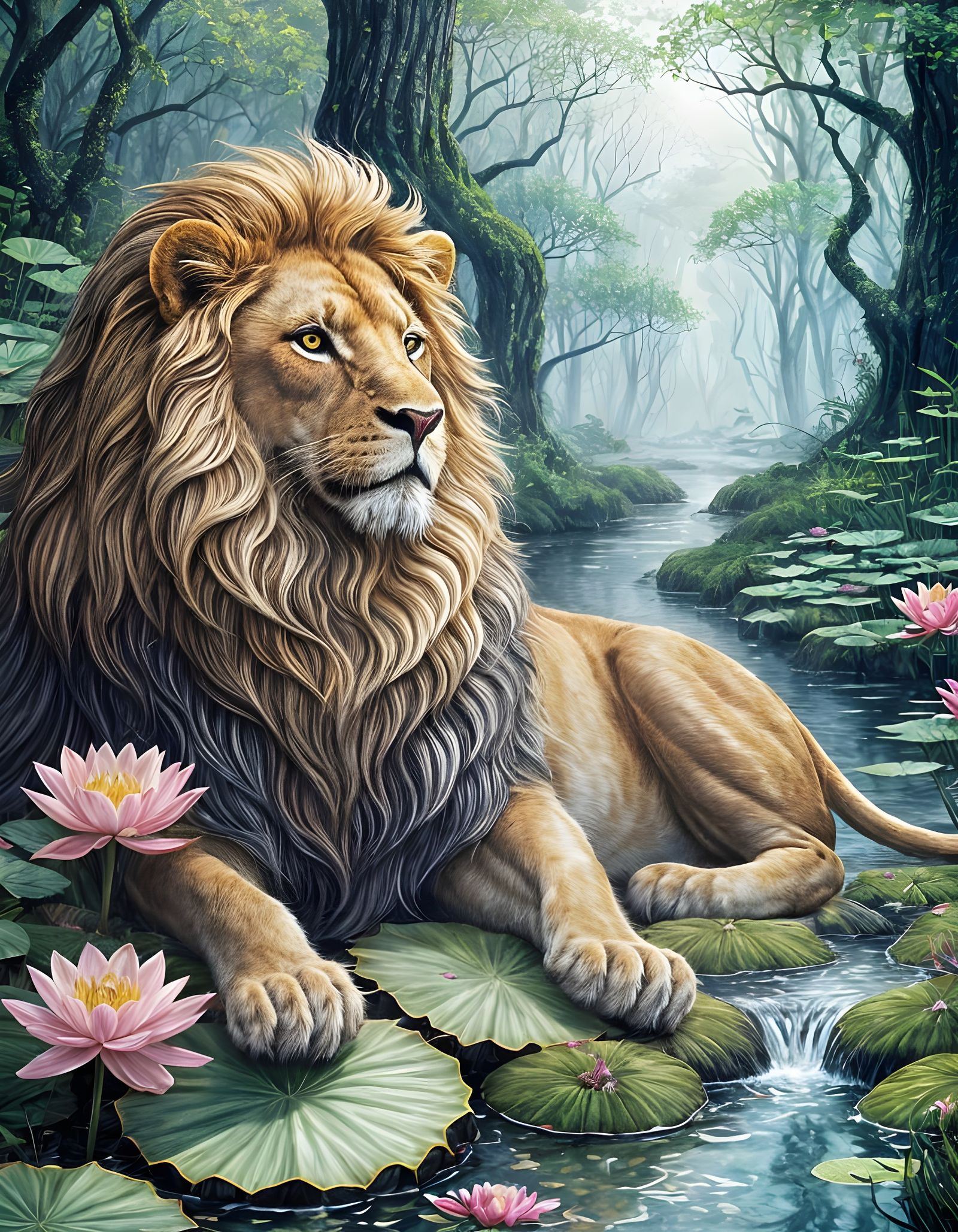 Regal Lion in Water Lilies: Watercolor Fantasy