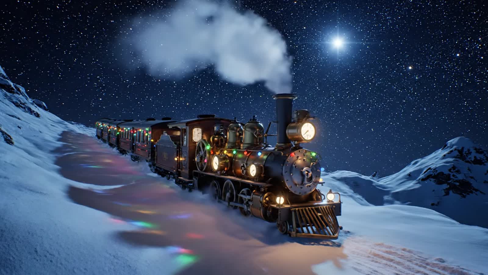 Steampunk-style train delivering a Christmas train coming down a snowy mountain with bright stars and Christmas lights