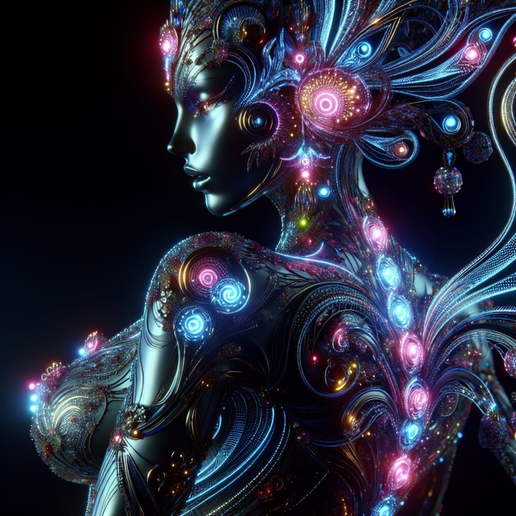 A detailed image of A very beautiful woman made out of designed glass adorned with neon accessories  , 8K RESOLUTION, ULTRA HD, HDR,HIGHLY F...