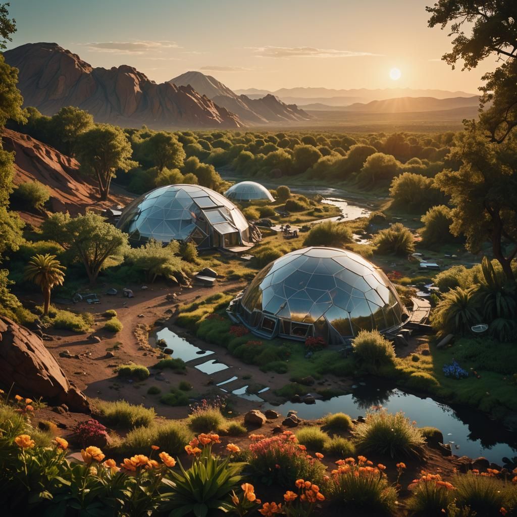 A biodome standing in the middle of planet Mars with the Mars moon and the sun on the horizon. Inside the biodome a luxu...