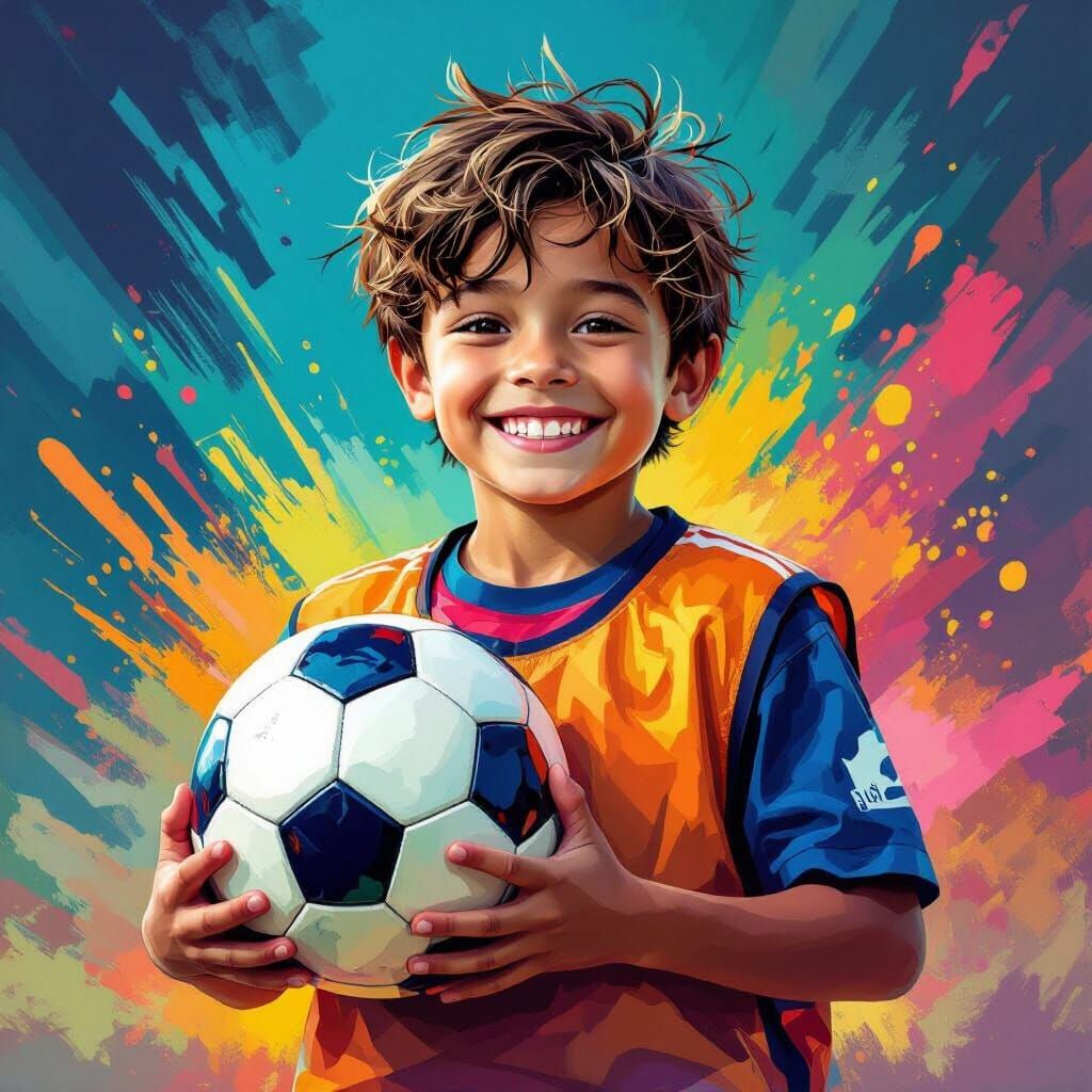 Joyful Boy Soccer Portrait Inspired by Ash Thorp