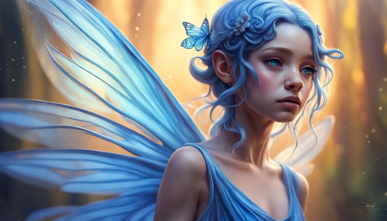 cute youthful girl, blue color skin, fairy wings, completely blue
