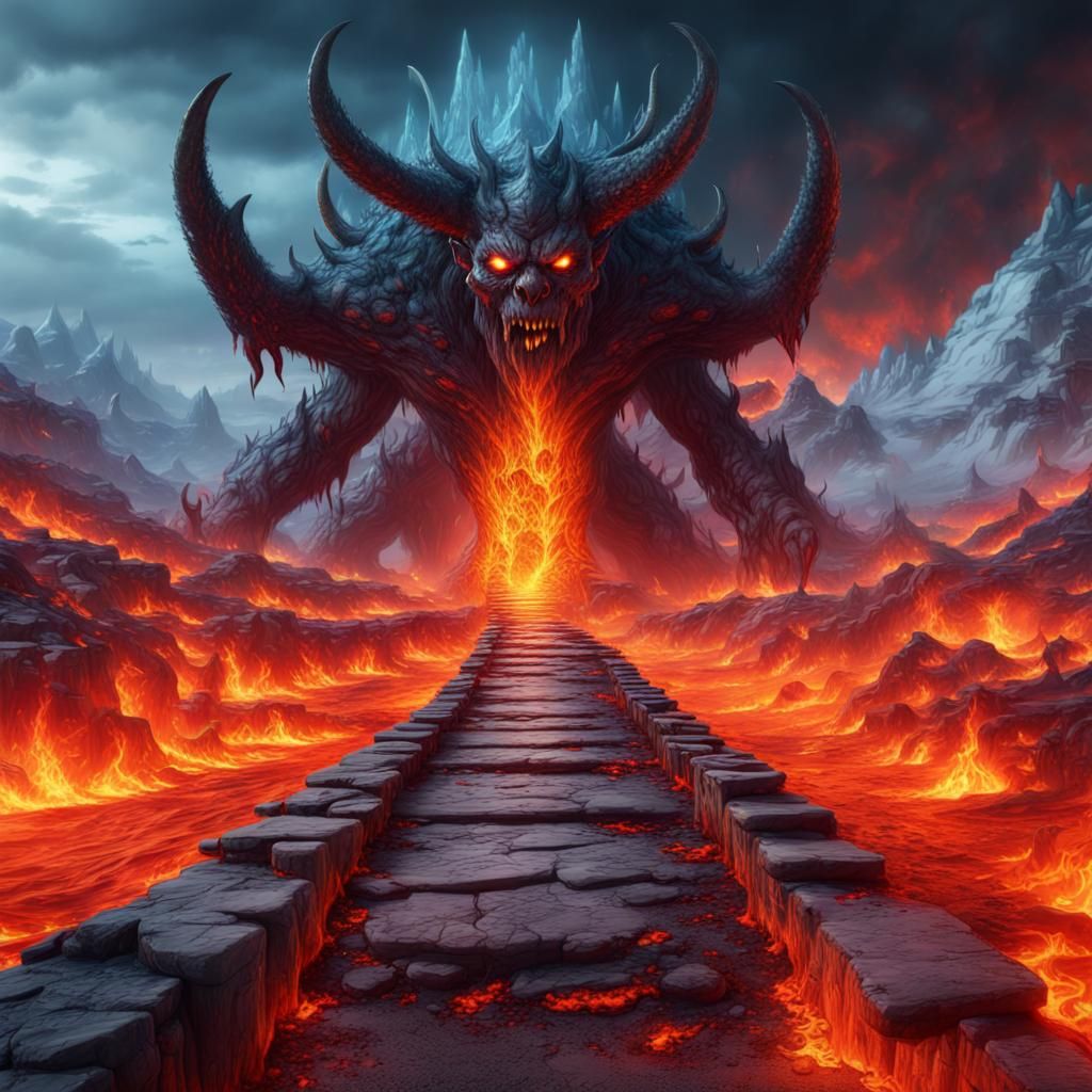 A ice demon pathway to hell with lots of fire and colors goi...
