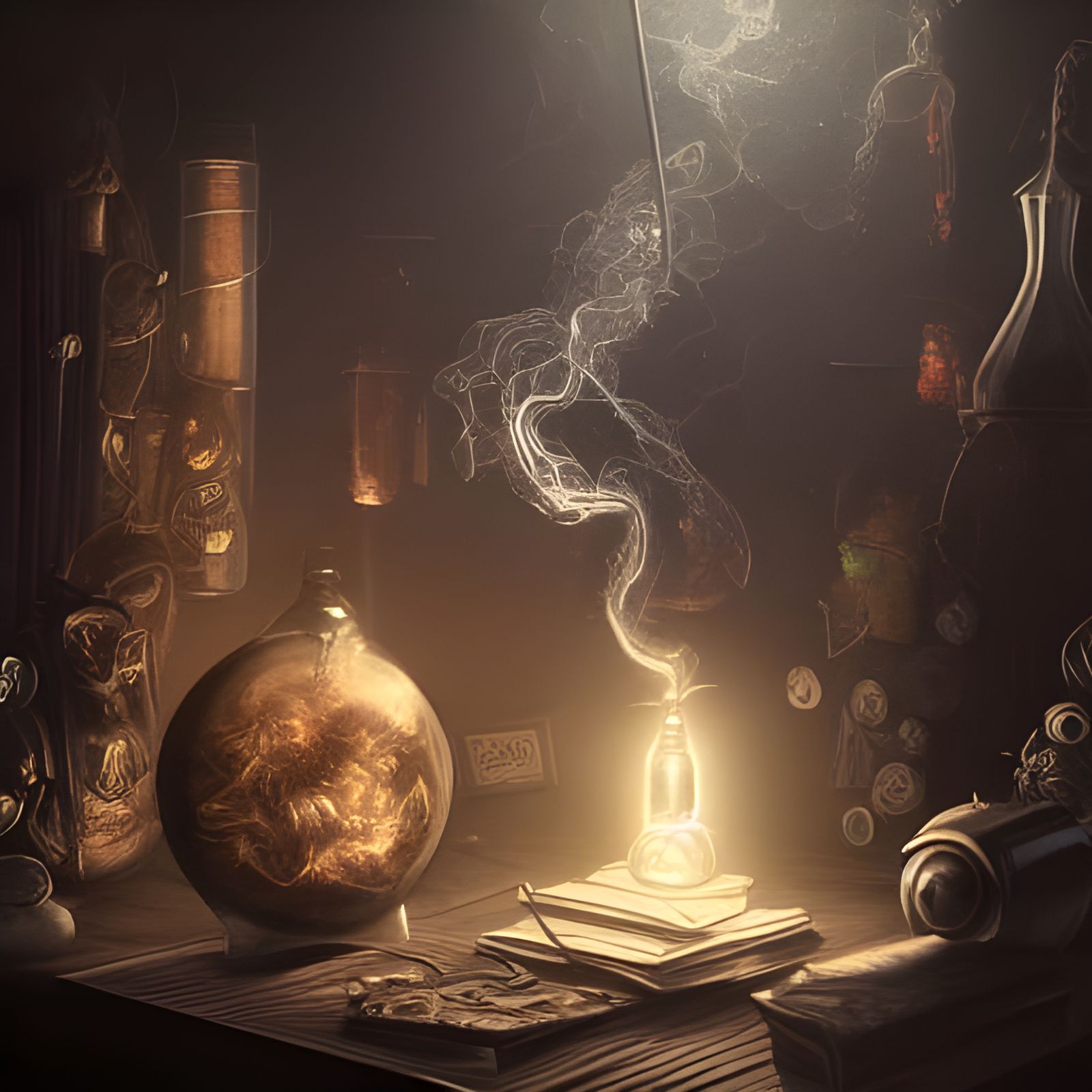 Mad wizards lab, smoking potions, glowing orbs, diffuse lighting, fantasy, intricate, elegant, highly detailed, lifelike...