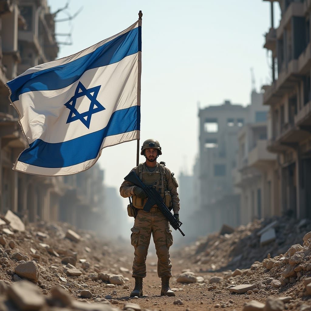 Israeli Soldier Waves Flag Amidst Gaza Ruins in Gritty, Cine...