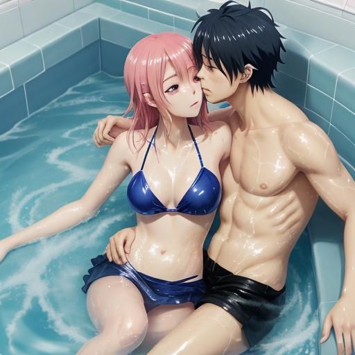 A Cute anime girl wearing a wet bikini and a wet skirt while shile lie on a boy and kisses him in bath