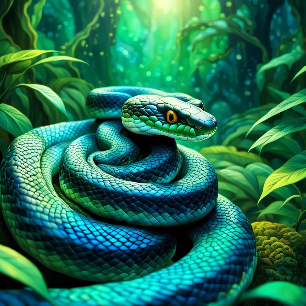 Majestic Snake Coiled in Lush Jungle