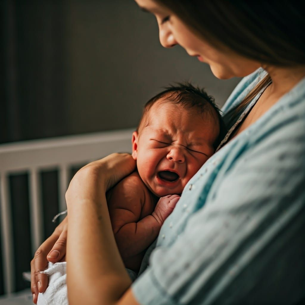 Newborn Baby's Comforting Embrace in Dim Nursery