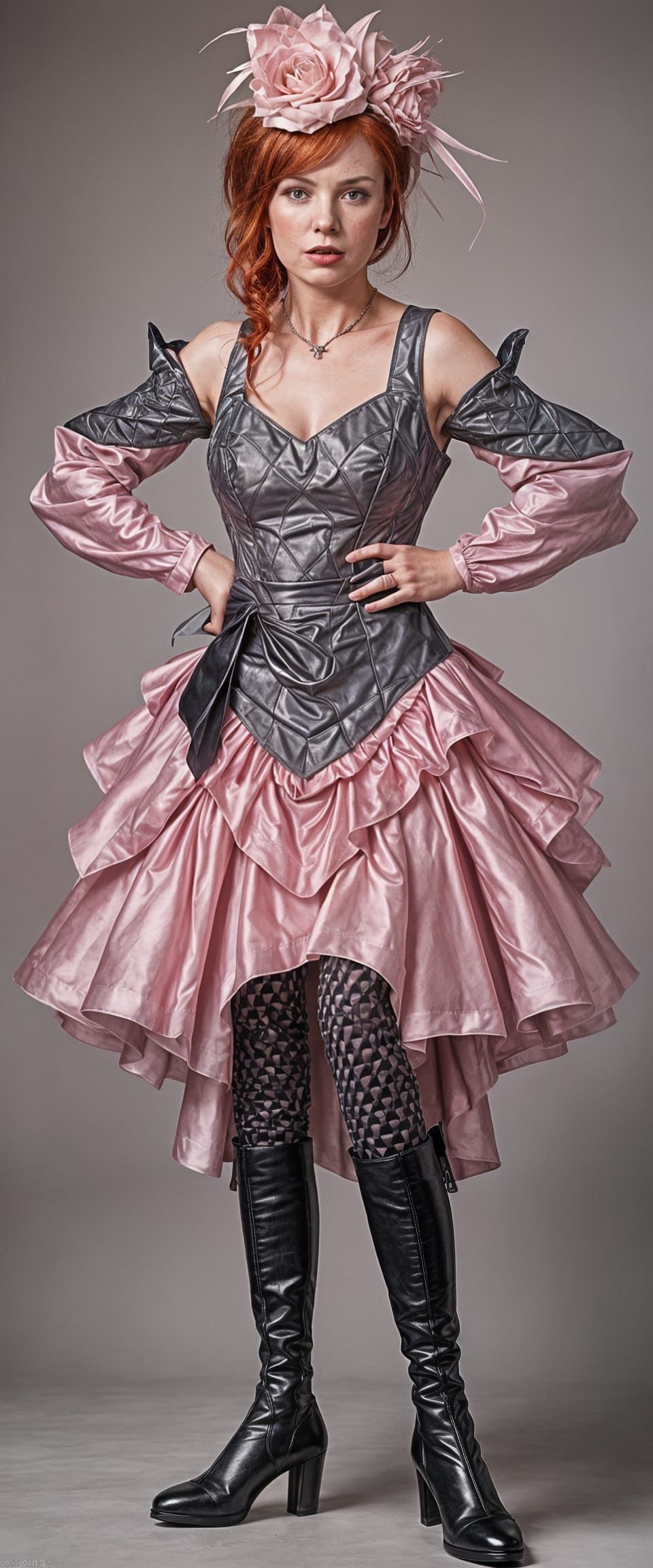 angry woman with red hair and pale skin wearing a pink and s...