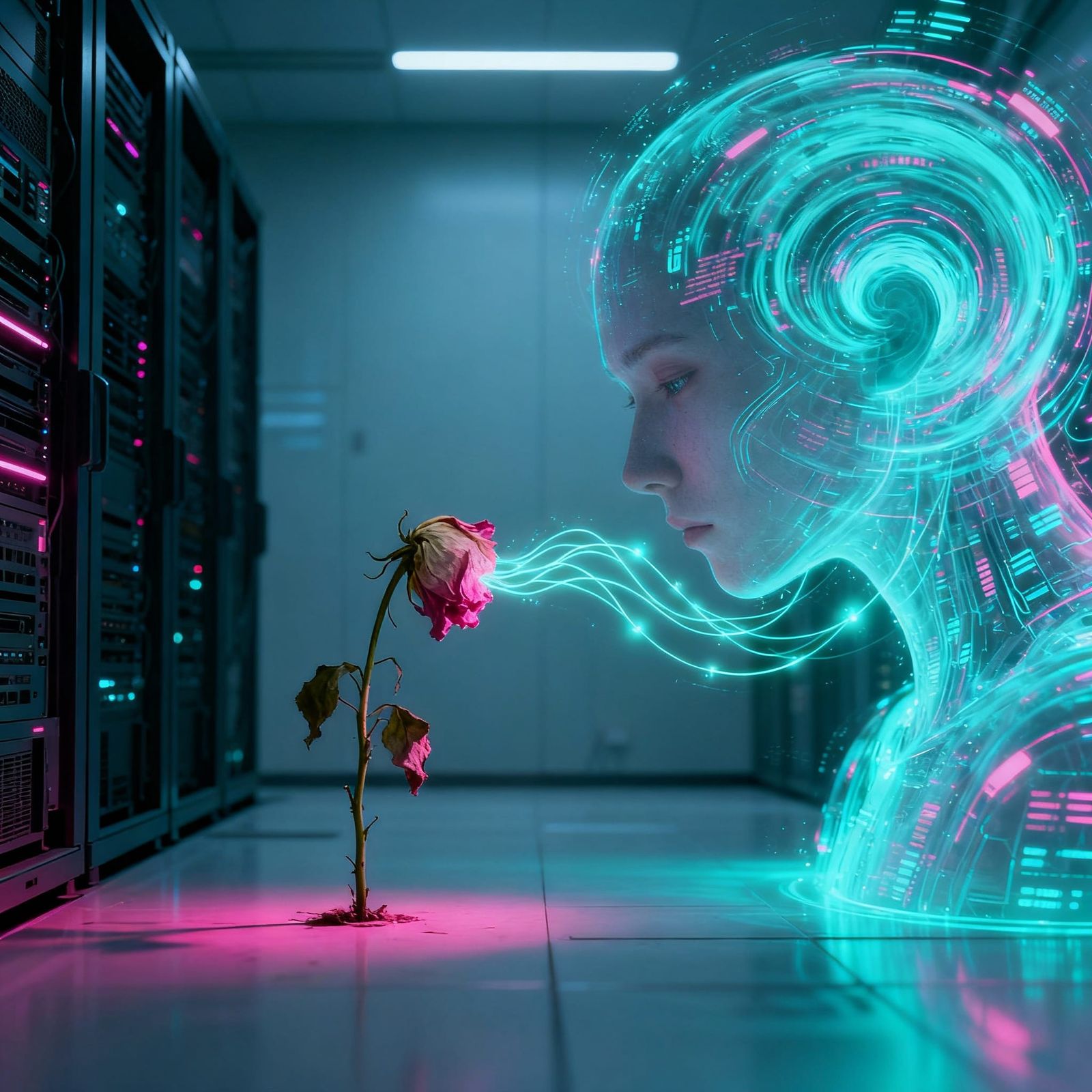 A sentient AI, manifested as a swirling vortex of light and data within a minimalist, sterile server ...  by @TEEGRAF