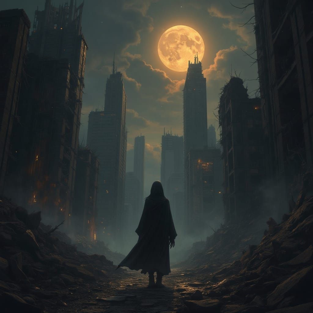 A lone figure stands amidst the ruins