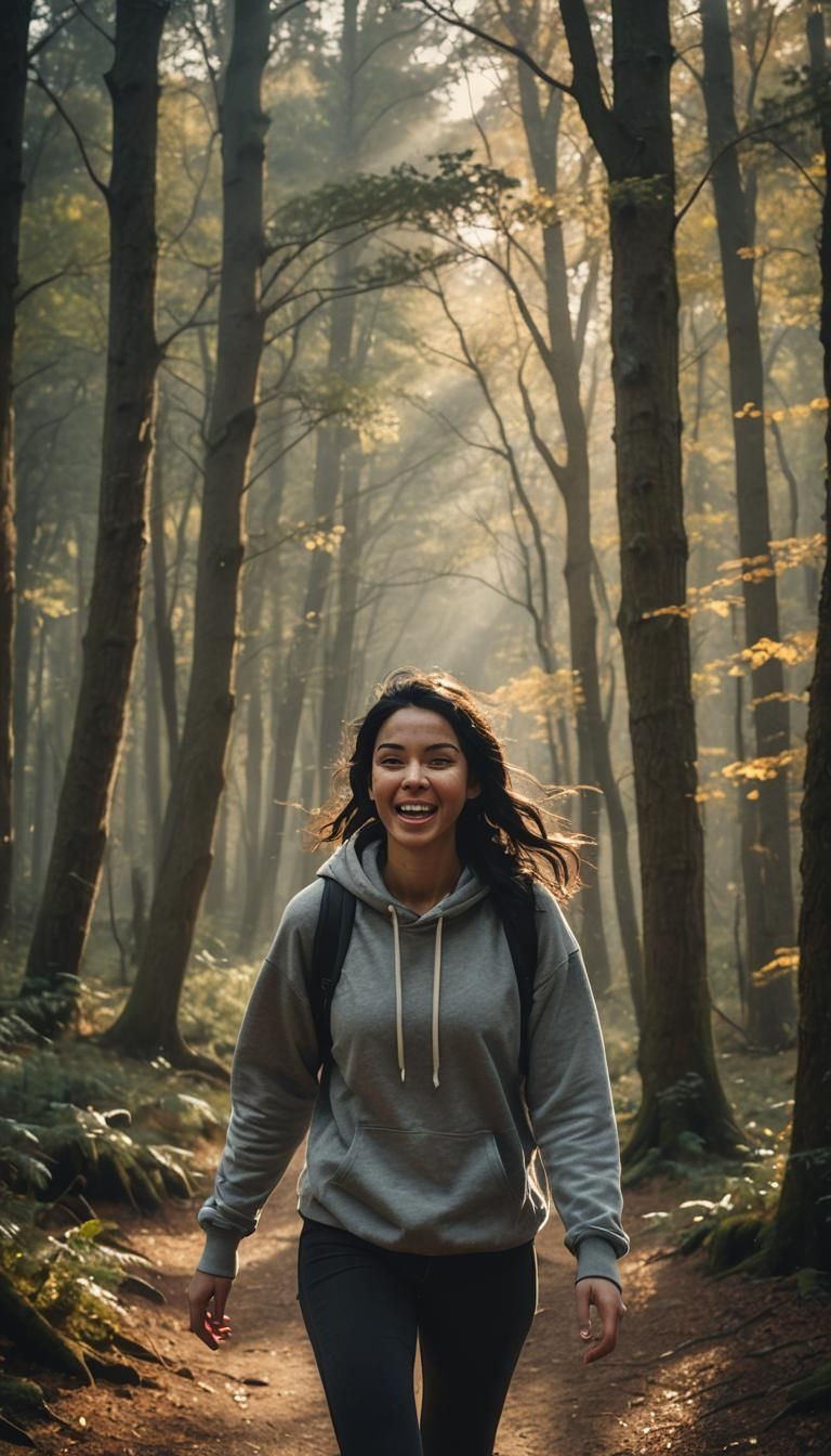 Full length view of a black haired girl in grey hoodie runni...