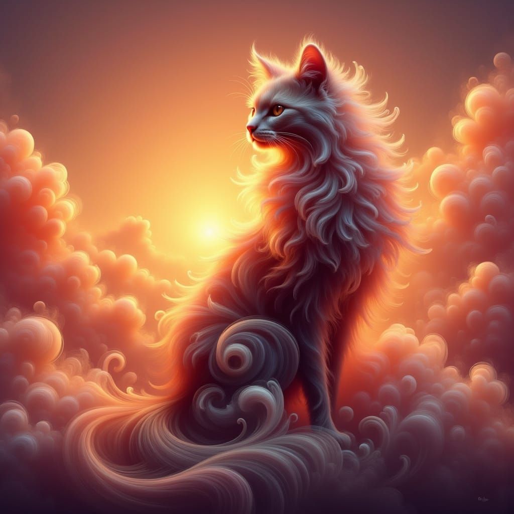 Ethereal Cat in Flowing Coat at Sunset