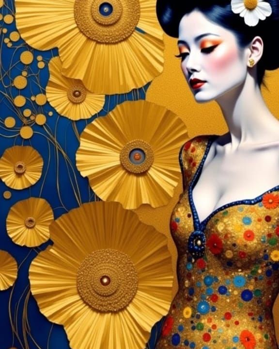 <lora:Sparkling Collage Fx:1.0> Emilie Floge Adele Bloch-Bauer Golden woman Gustav Klimt ecstasy ecstatic sparkling glittering glittering g...