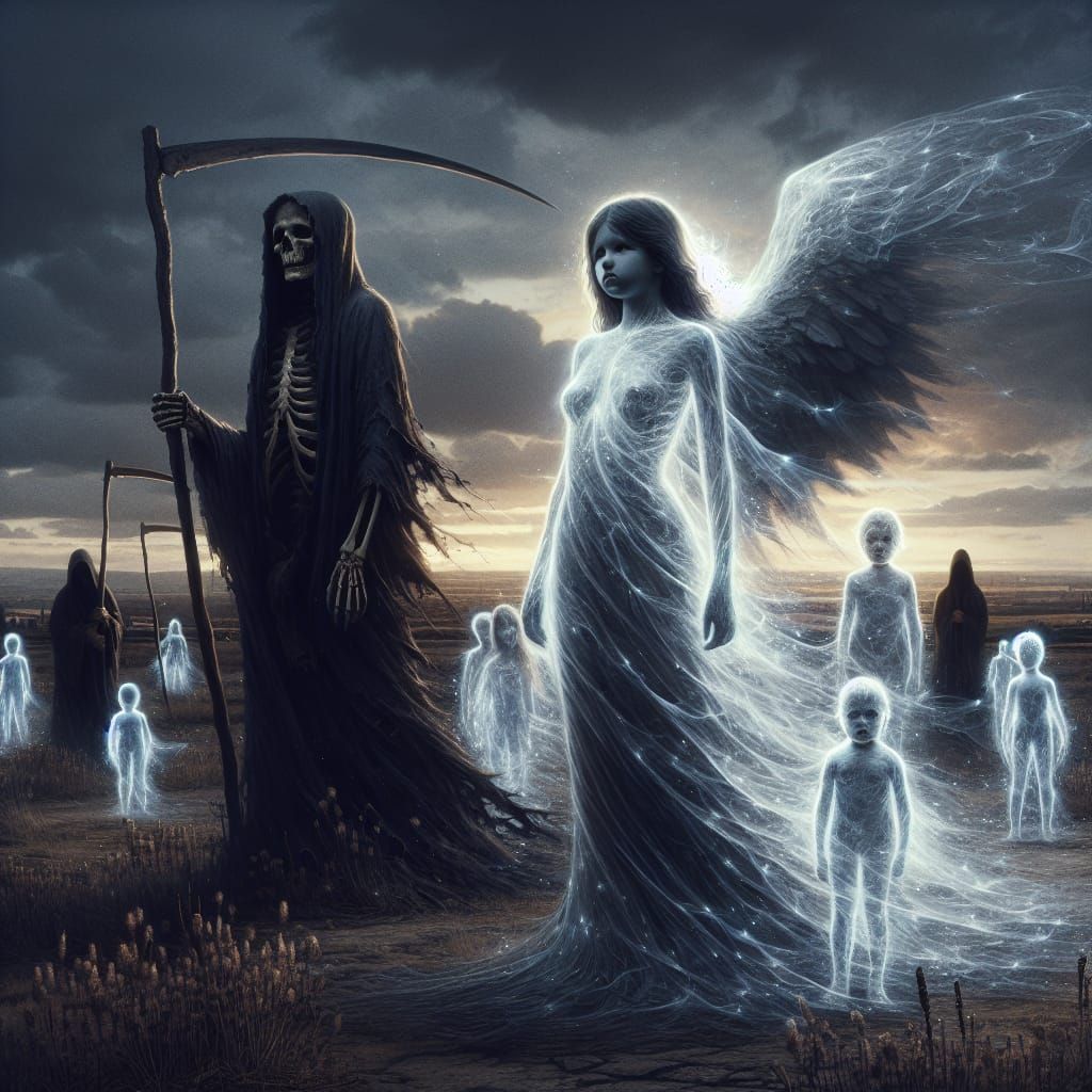 The grim reaper and the angel of death guiding the souls of children lost in a devastating mass shooting ...  by @Lady of the Thorns