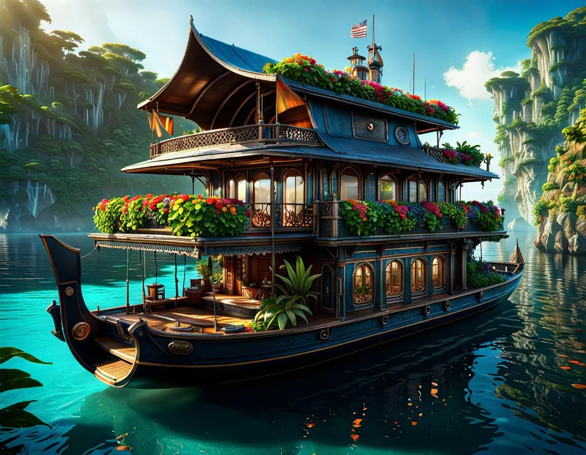 Fantasy Romantic Houseboat - AI Generated Artwork - NightCafe Creator