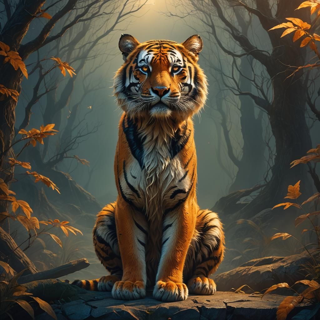 Frightened Tiger in Ethereal Lighting, Matte Painting