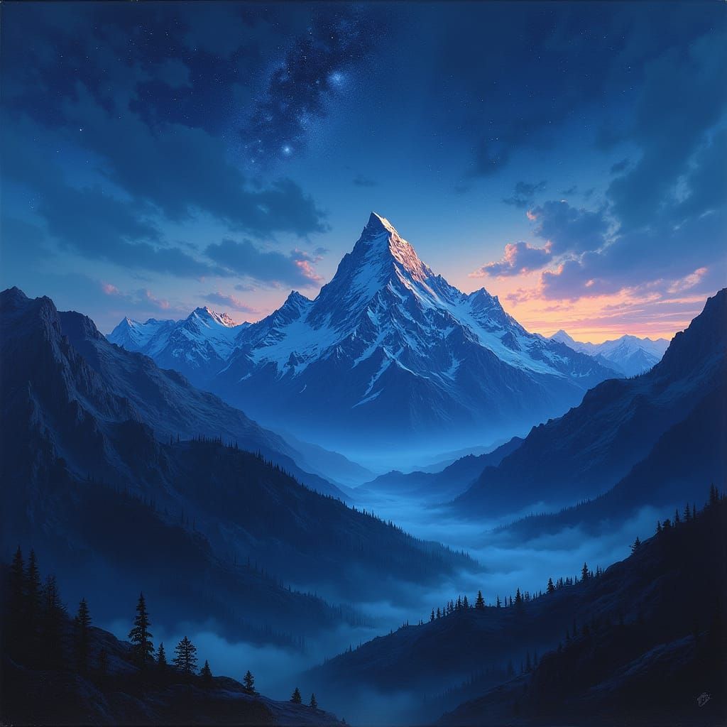 The mountains at night, award-winning painting, night scene, deep blues, rich colors, stars above 