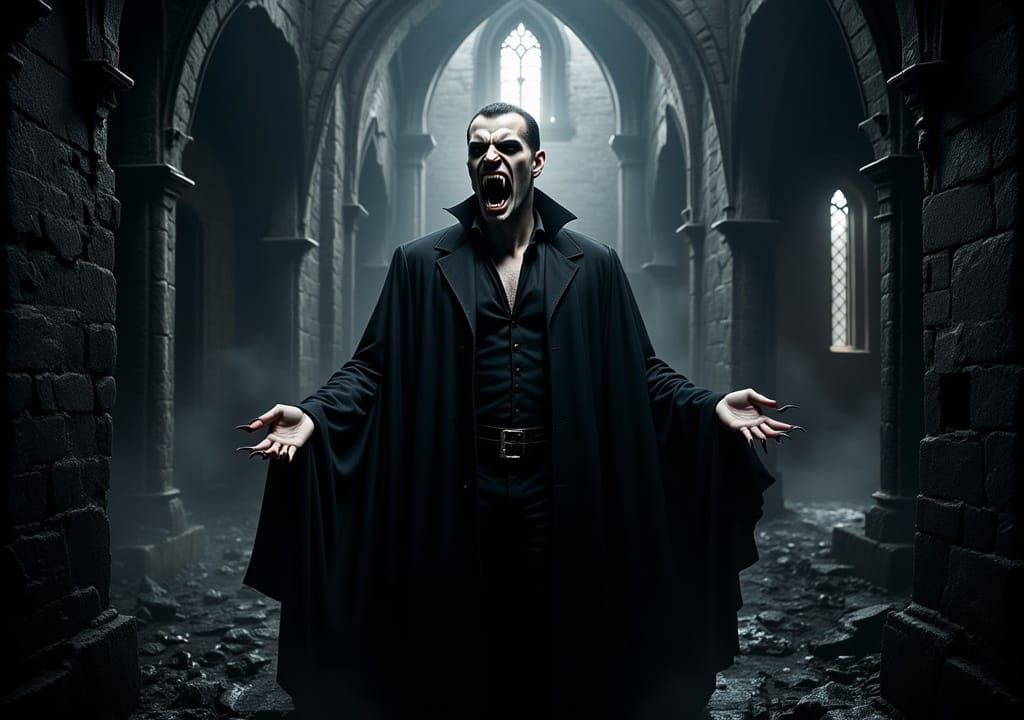 <lora:Vampire with fangs:1.0>  Noble handsome vampire with fangs slightly showing in a scary gothic castle, Moody, horror, eerie, atmosphere...
