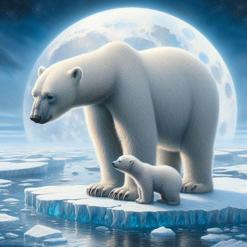 A Polar Bear and Her Cub, with Moon
