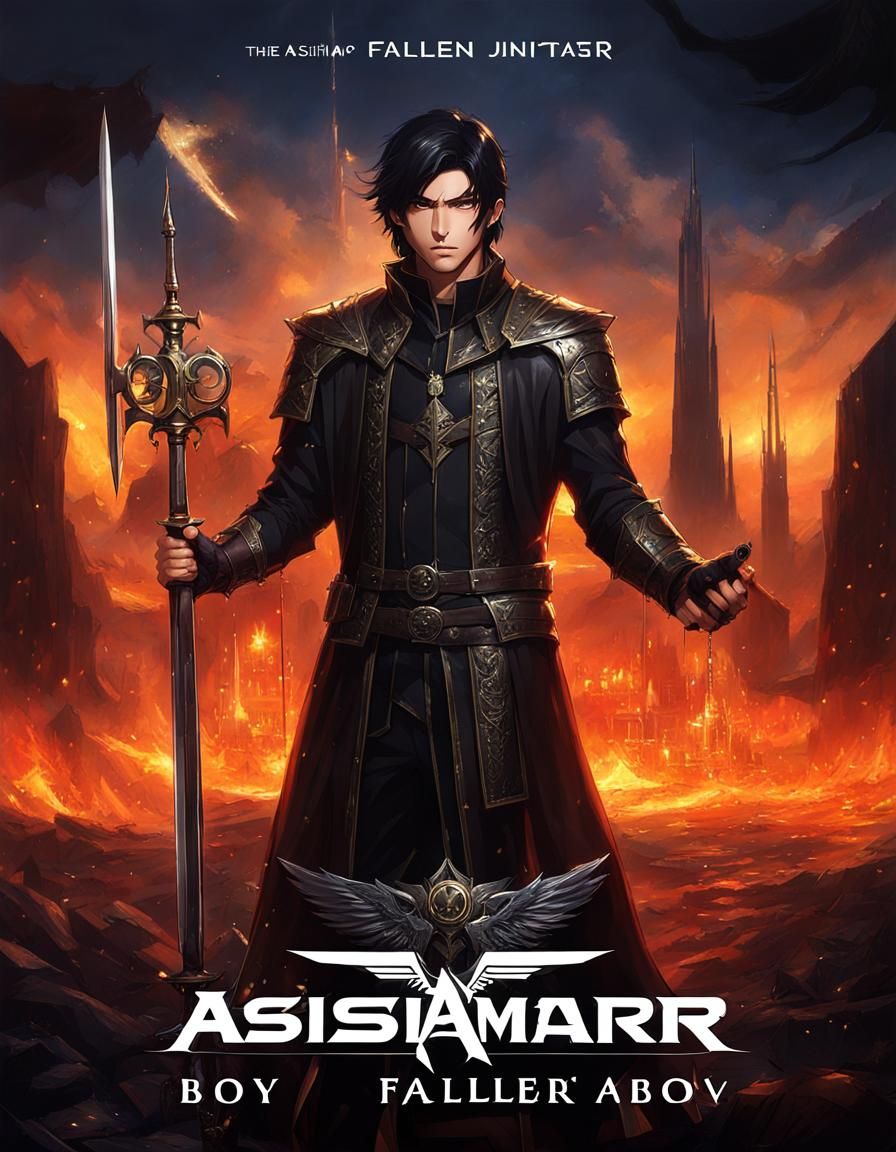 boy fallen aasimar, black hair, leather clothes, black cloak