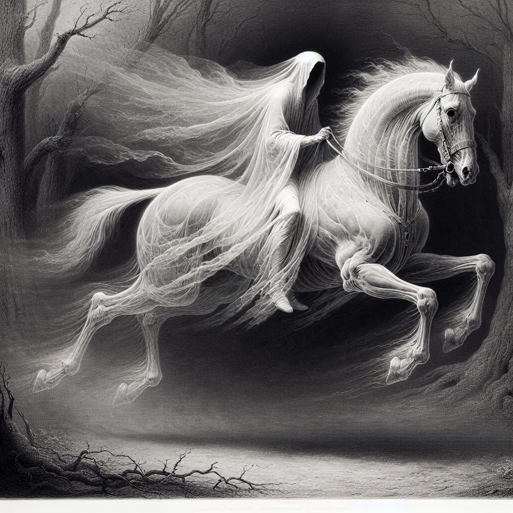 The image is of a Ghost Rider riding a Ghost Horse through woods. The ...