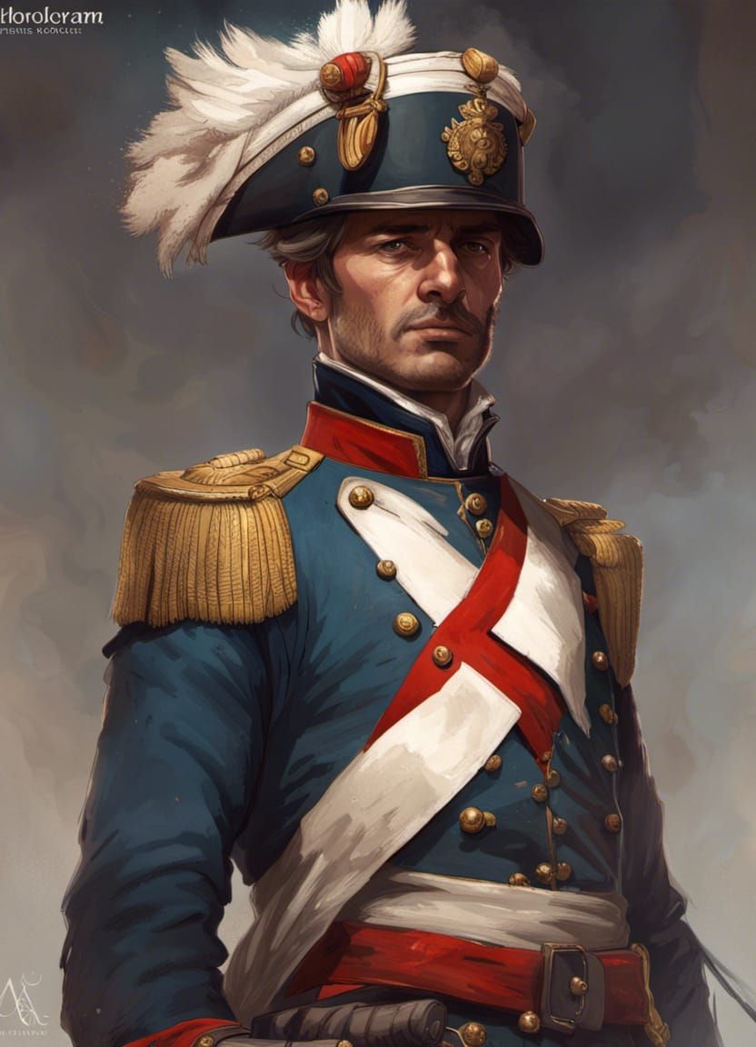 Napoleonic French soldier after a long battle head and shoul...