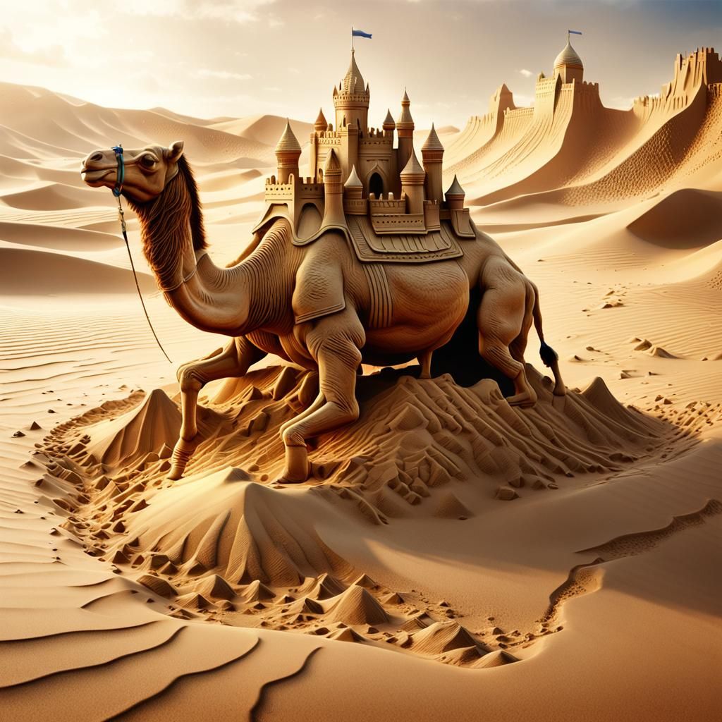 A sand castle from which sand falls slowly with every gust of wind. The castle appears as if it emerges ...  by @Fancy
