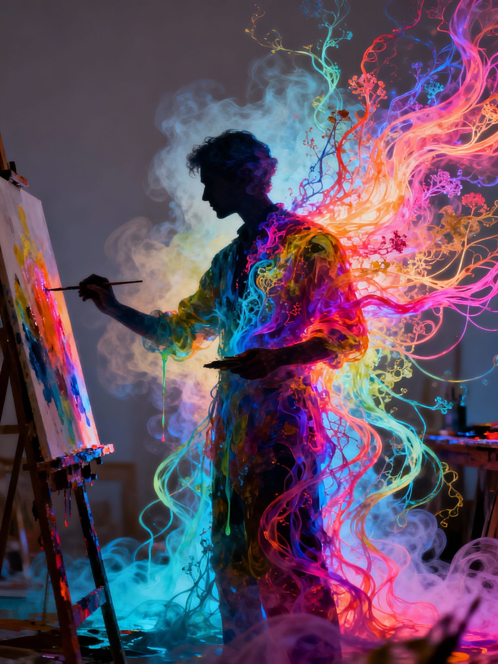 Double exposure surrealism, the silhouette of PAINTER filled with the layered form of NEON-COLORS which ...  by @Iamokayrajib