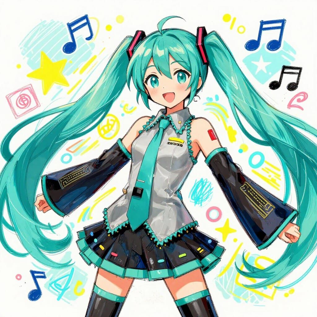 Hatsune Miku in Vibrant Doodle Art Style