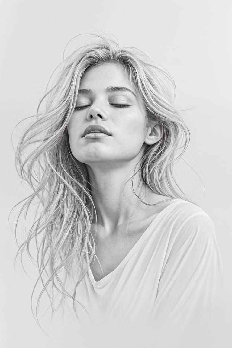 A beautiful, ethereal woman with flowing blonde hair and closed eyes, bathed in soft, golden light. Her skin has a flawless, porcelain-like ...