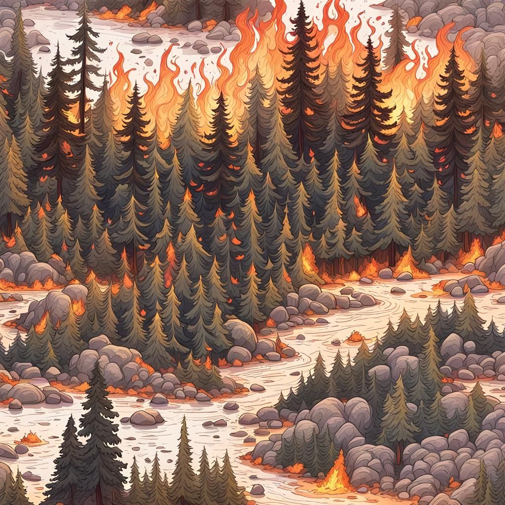hyperdetailed raging forest fire