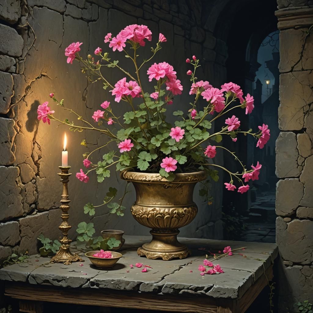 Pink geranium and candle