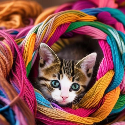 kitten drowned among beautiful knitting yarns - AI Generated Artwork