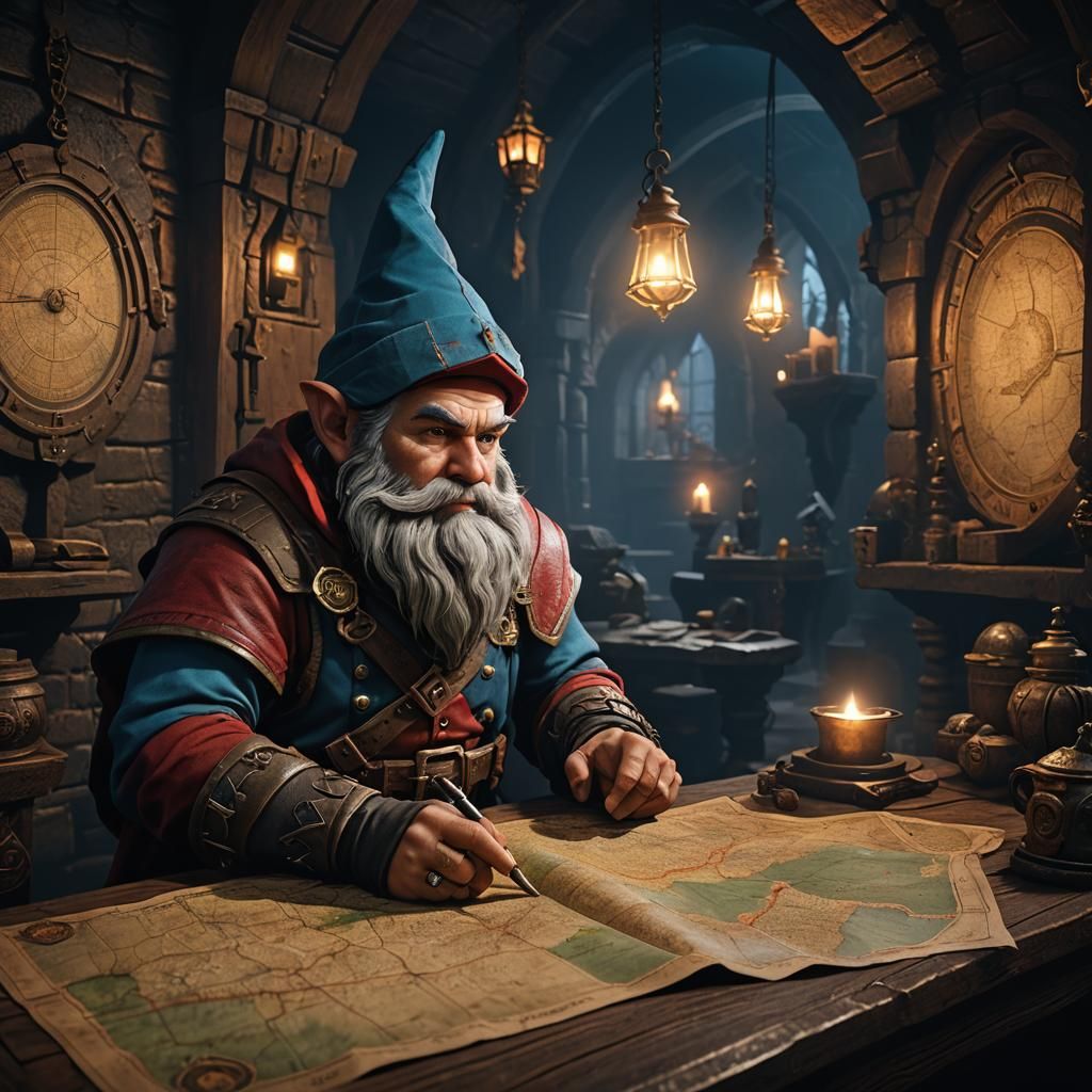 A Male Deep Gnome Rogue looking at a map in a dimly lit room