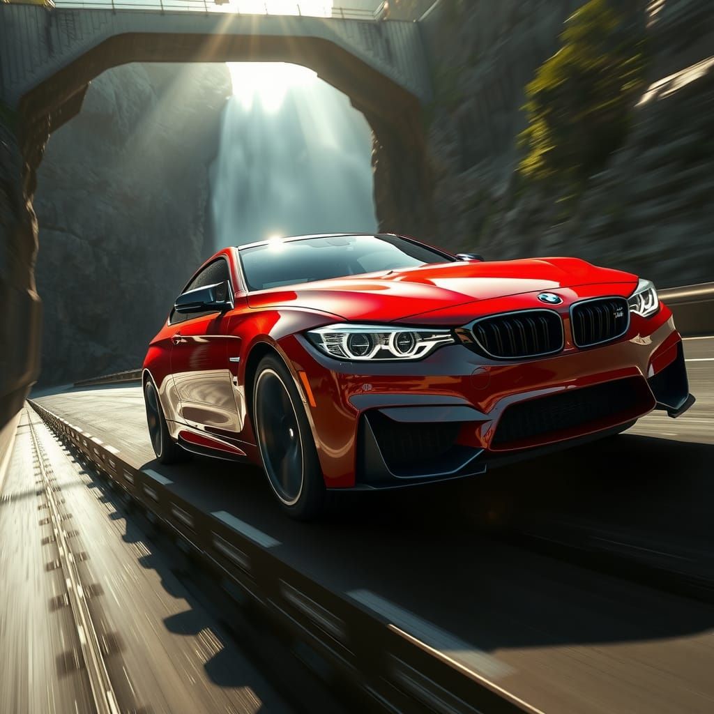 bmw m4 sports, passing by Abshar on the bridge، color is red...