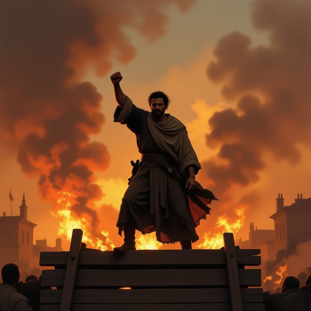 Defiant Man on Barricade Against Fiery Sky