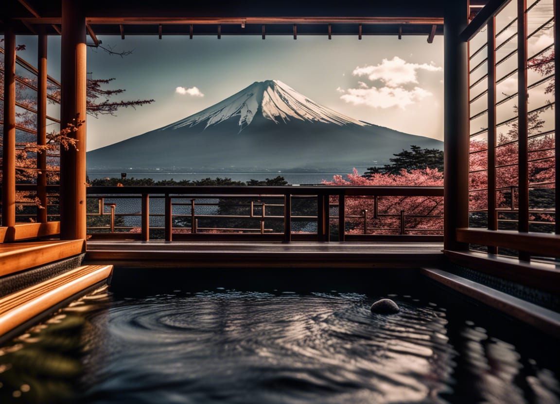 Relaxing in an onsen with a stunning view of Mount Fuji - AI Generated ...