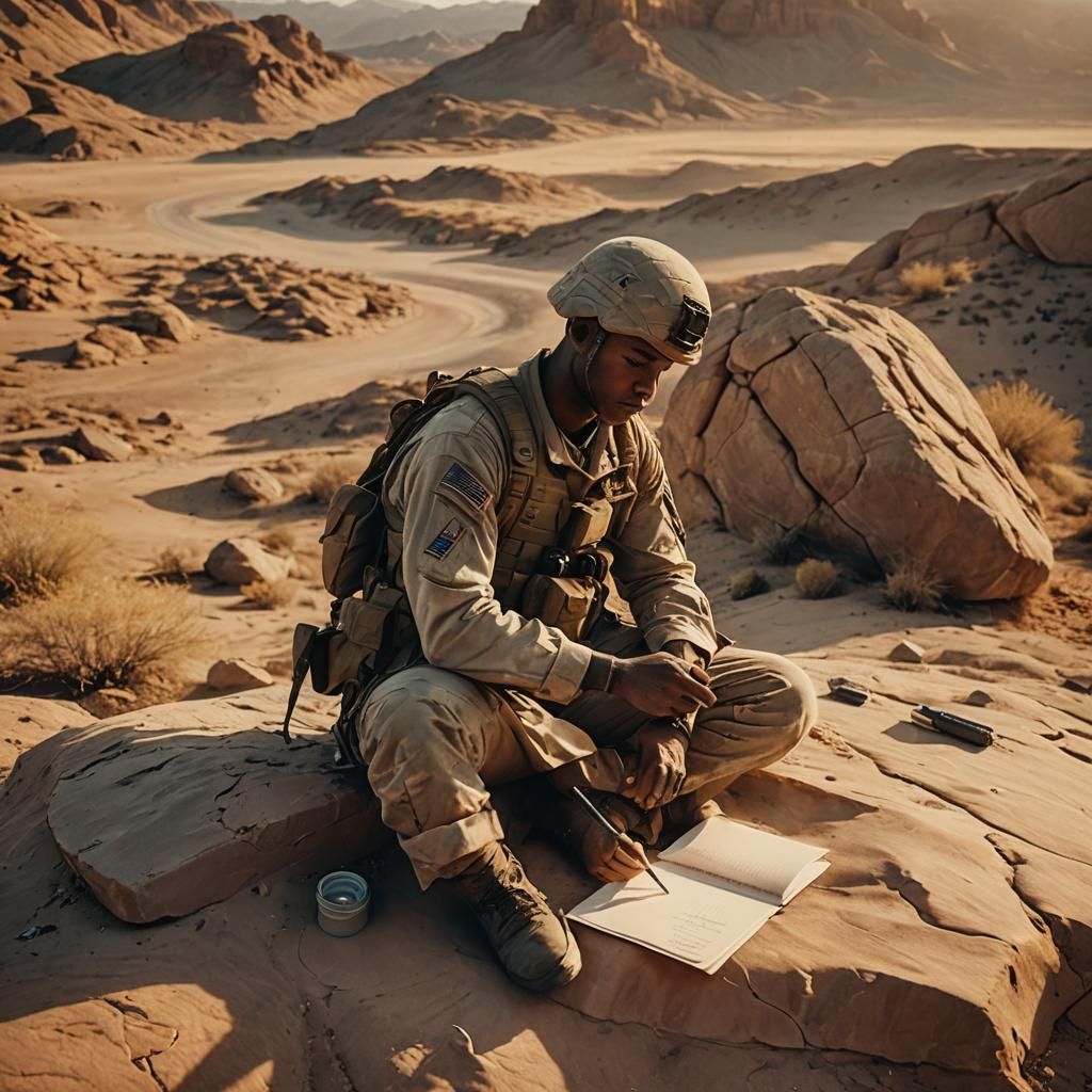 An American Soldier sitting on a rock 