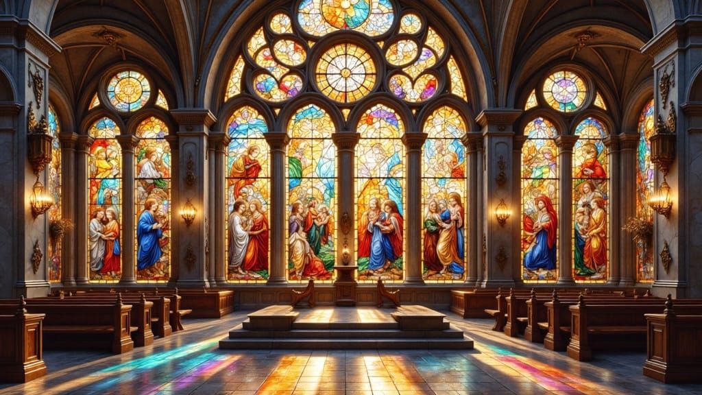 Transform the ceiling paintings and all large window panels in this cathedral image into hyper-realistic stained glass, directly inspired by...
