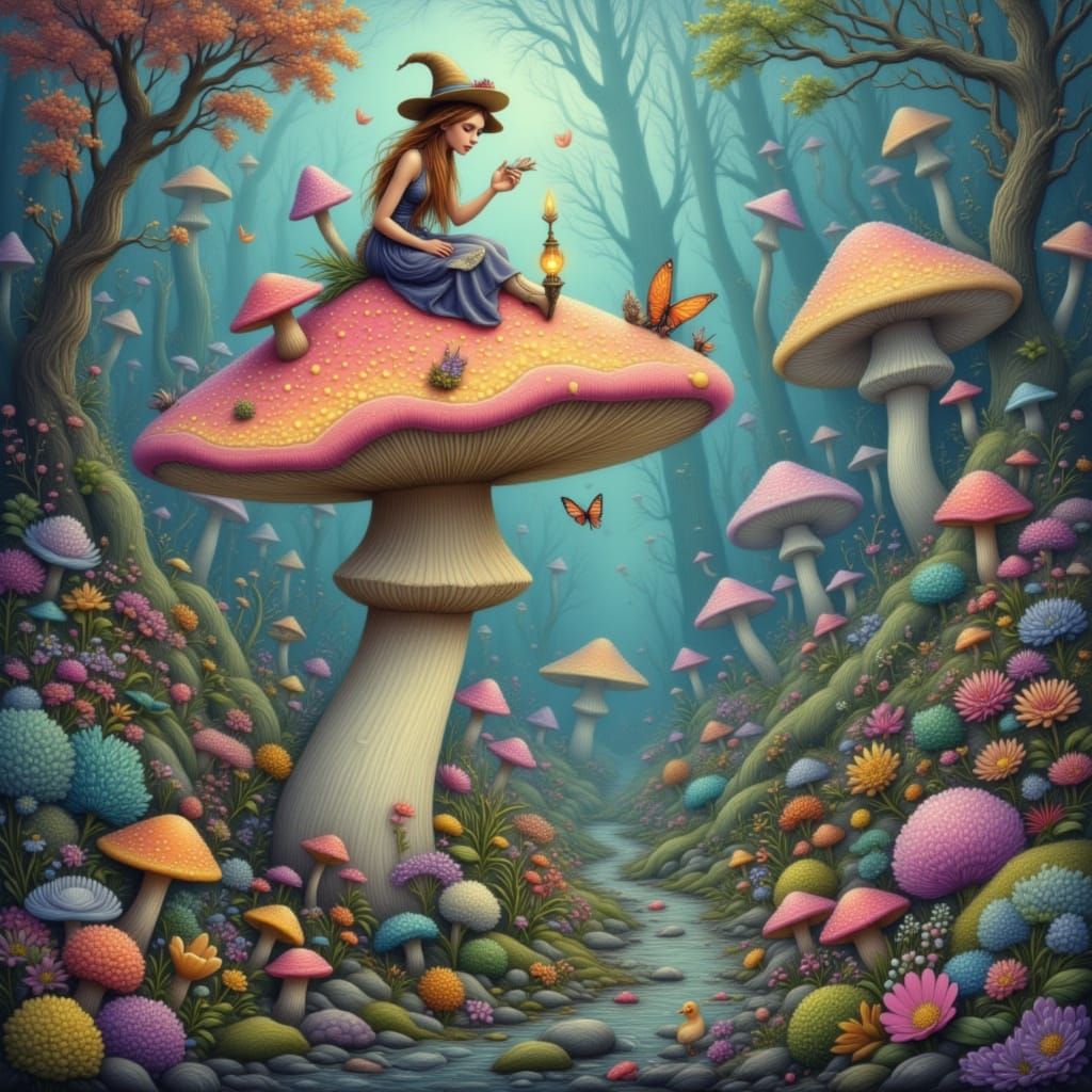 Pastel Forest Witch on Glowing Toadstool