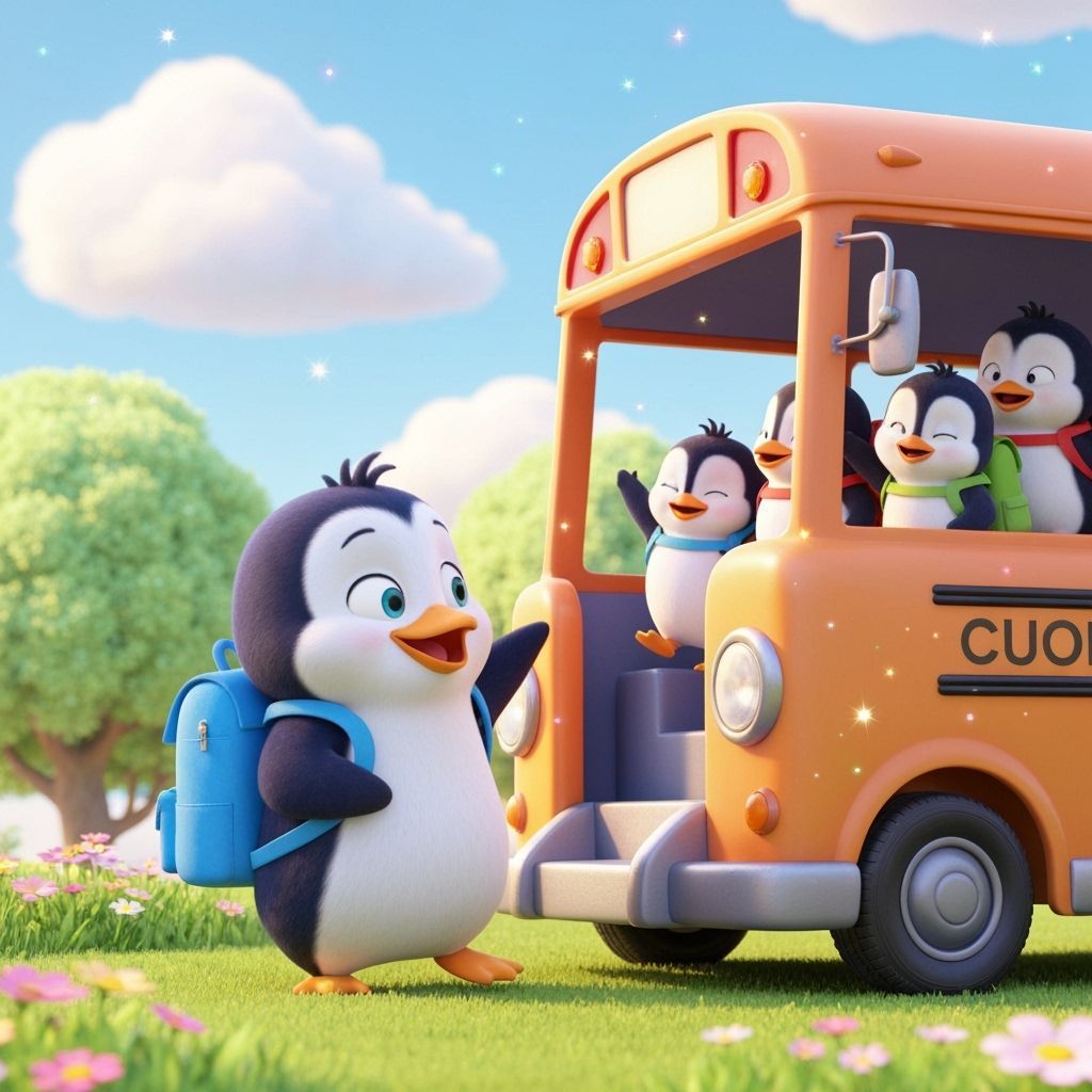Happy Penguin on School Bus in Pixar Style