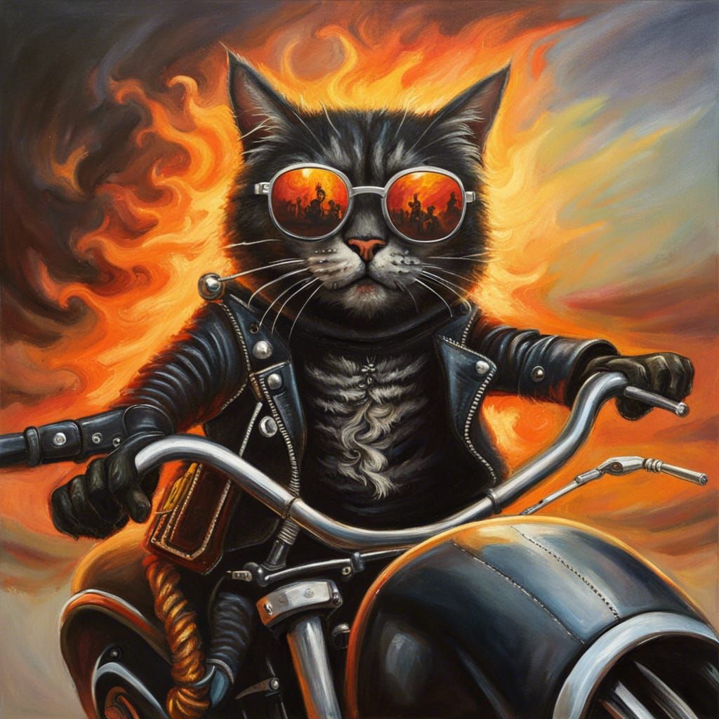Heavy Metal Cat Rides Flaming Motorbike