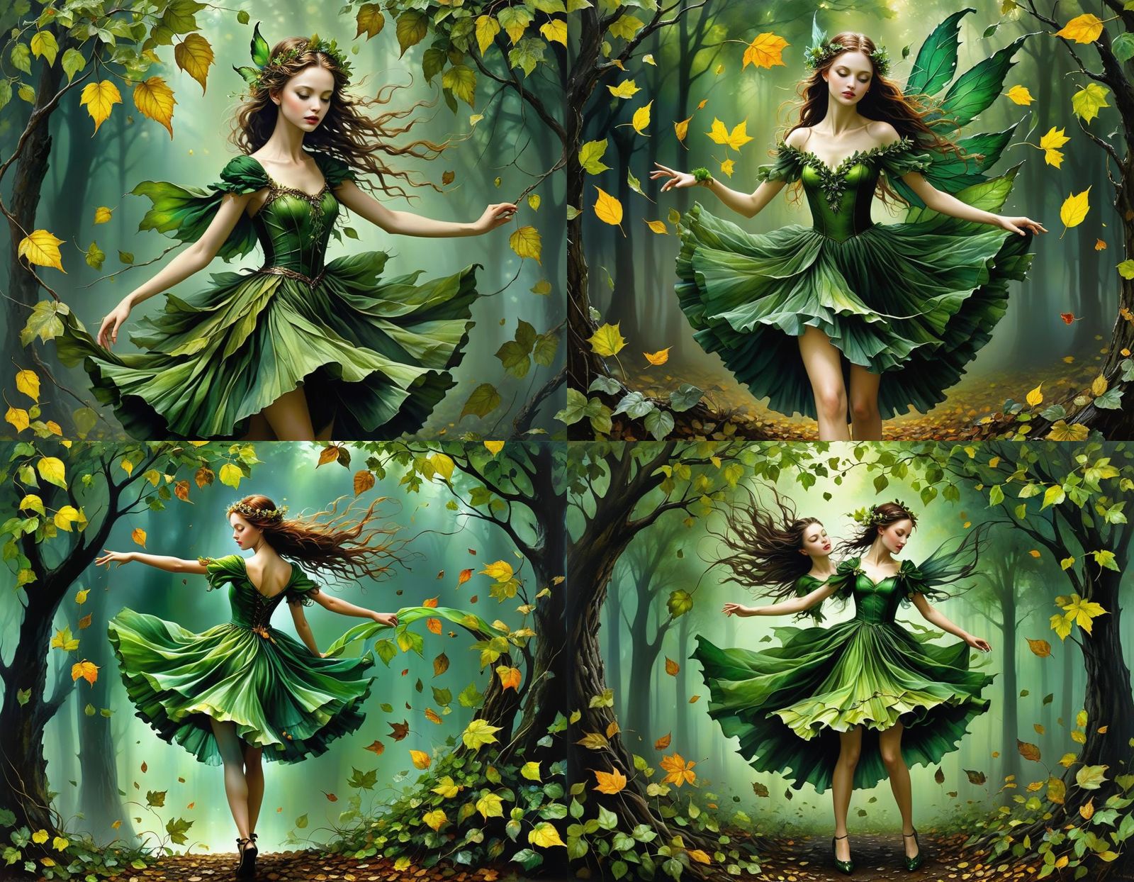 Whimsical Fantasy, Fairy with a green dress made of leaves ,...