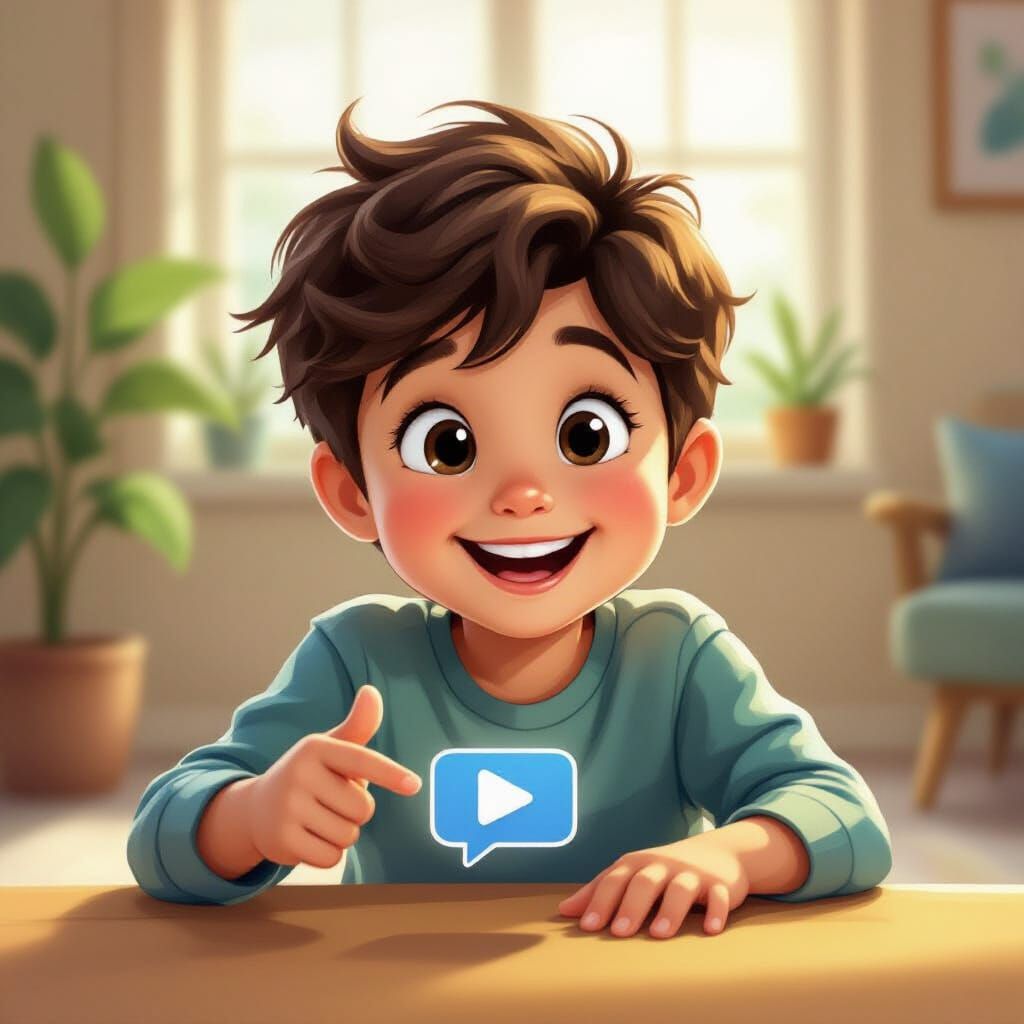 Joyful Boy Points to Notification in Vibrant Digital Art