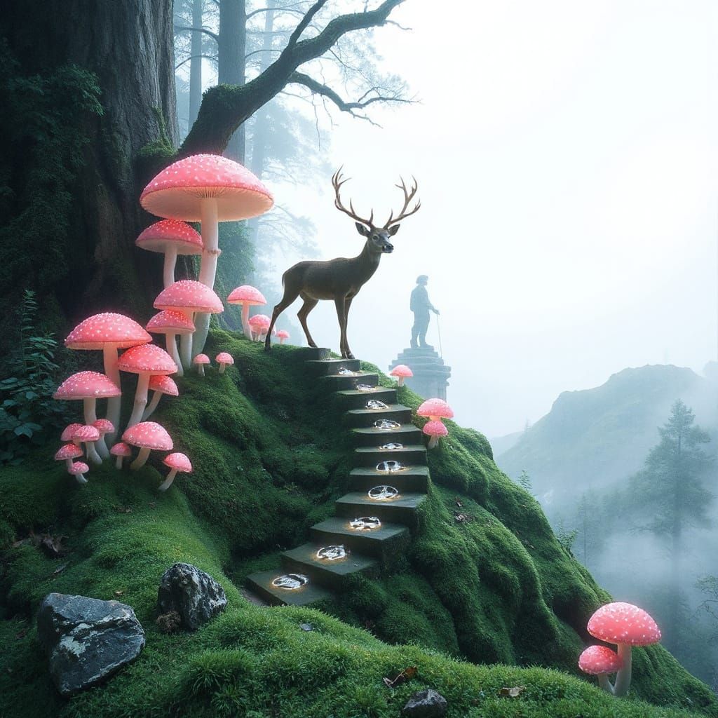 Whimsical Forest of Glowing Mushrooms and Starlight Deer